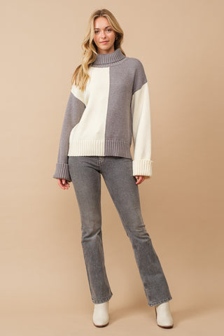 Color Block Cowl Neck Knit Sweater