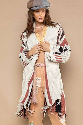 Fringed Tribal Striping Sweater Cardi w/ Belt