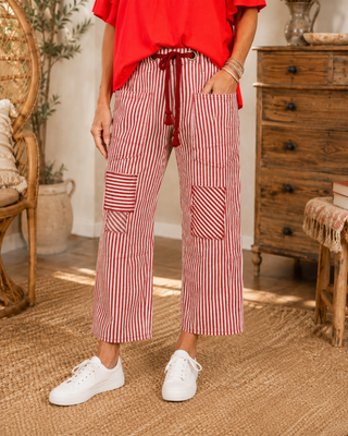 Striped Twill Barrel Leg Pant with Cargo Pockets