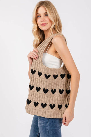 Crochet Knit Hearts Tote Bag