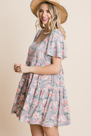 Short Sleeve Square Neck Tiered Mini Dress