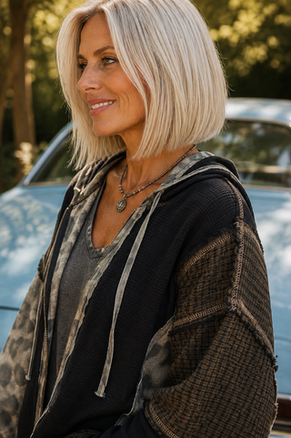 Patchwork Thermal Oversized Hoodie – Balloon Sleeve Pullover with Mixed Print Details