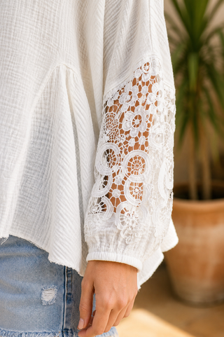 Angelic Escape Top – Textured Gauze Trapeze Top with Lace Sleeves & Tassel Tie Back