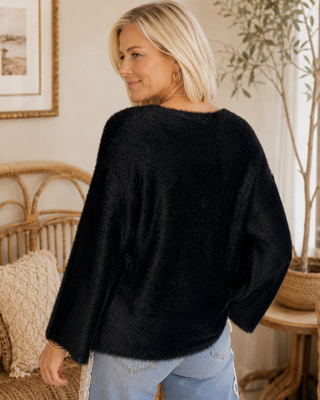 Midnight Mischief Sweater – Eyelash Knit Bell Sleeve Pullover with Strappy Neckline