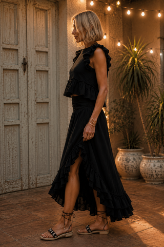 Moonlit Romance Set - Ruffle Trim Top & Side Slit Midi Skirt