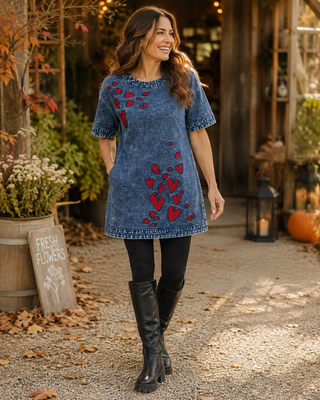 Heart Embroidered Denim Dress