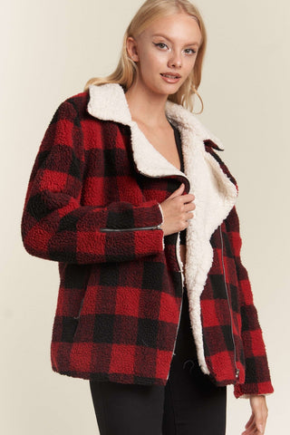 Cozy Gingham Sherpa Lined Zip Up Moto