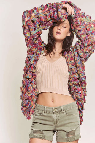 Multicolor Loop-Knit Open Sweater Cardi