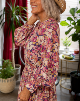 Smocked Floral V-Neck Button Up Midi Dress