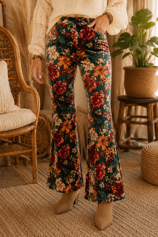 Floral Velvet Flares - Multicolour Pull-On Statement Pants