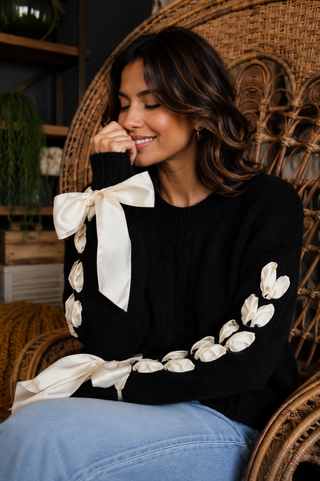 Wrapped in Wonder Sweater – Cable Knit Sweater with Statement Ribbon Sleeves