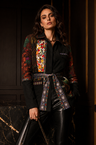 Mixed Media Embroidered Statement Jacket with Detachable Belt