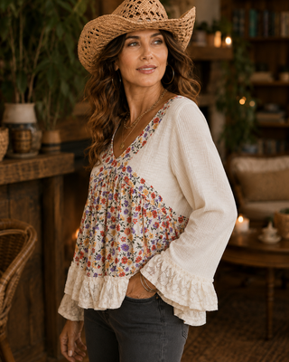 Floral Lace Patch Babydoll Top – Open Back Ribbed Blouse