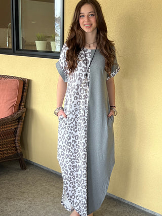 Short Sleeve Leopard Colorblock Maxi Dress