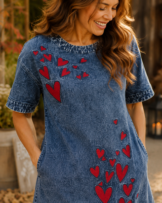Heart Embroidered Denim Dress