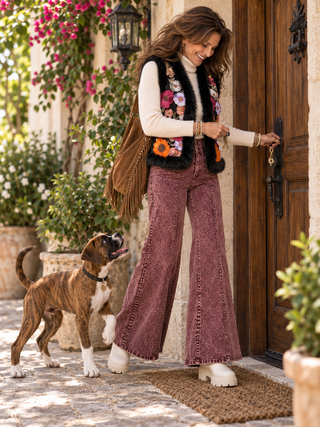 Floral Appliques Vest with Faux Fur Trims