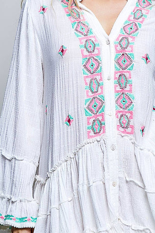 Embroidered Gauze V-Neck Dress - Boho Ruffle Button Down Mini Dress for Women
