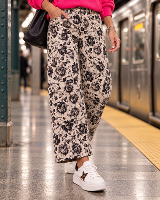 Rose Print Twill Barrel Pants