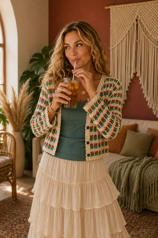 Scalloped Crochet Cardigan – V-Neck Button-Front Sweater with Long Sleeves