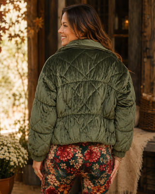 Diamond Quilted Velour Puffer Jacket - Olive