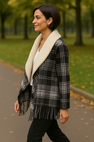 Plaid + Sherpa Waterfall Wrap with Fringe