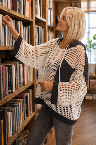 Colorblock Crochet Hoodie – Open Knit Pullover with Relaxed Fit