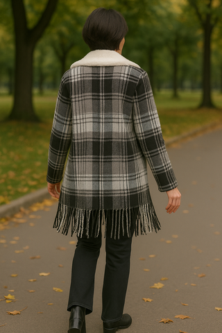 Plaid + Sherpa Waterfall Wrap with Fringe