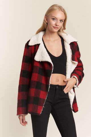 Cozy Gingham Sherpa Lined Zip Up Moto