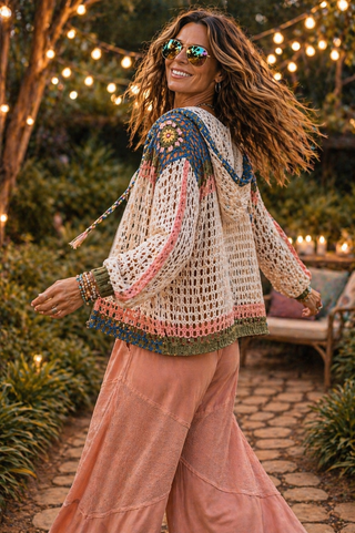Crochet Zip-Up Hoodie with Floral Appliqués – Lightweight Open Knit Boho Layer
