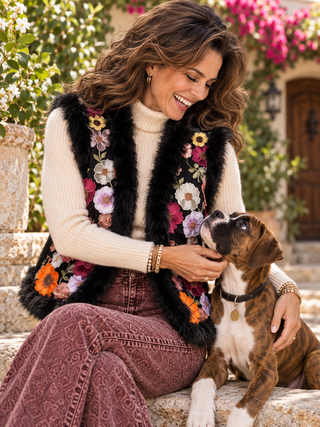 Floral Appliques Vest with Faux Fur Trims