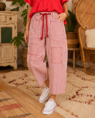 Striped Twill Barrel Leg Pant with Cargo Pockets