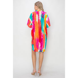 Short Sleeve V-Neck Abstract Print Dress