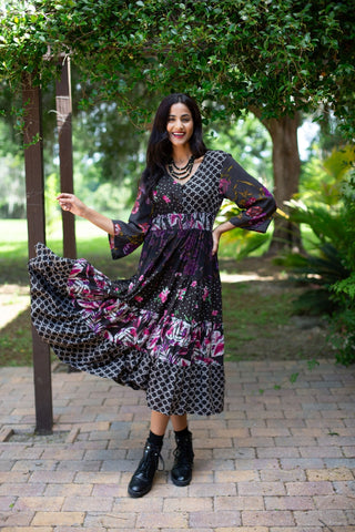 Floral Noir Bohemian Patchwork Maxi Dress