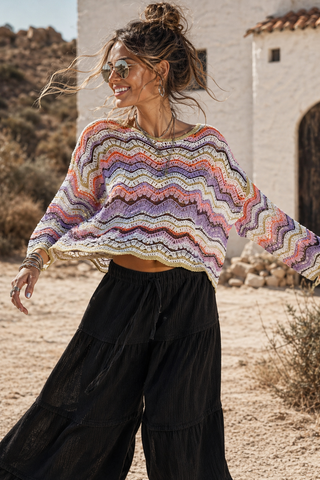 Crochet Stripe Scalloped Long Sleeve Top – Lightweight Boho Knit with Relaxed Fit