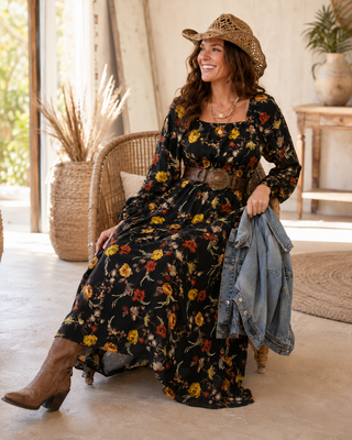 Smocked Fall Florals Long Sleeve Maxi Dress