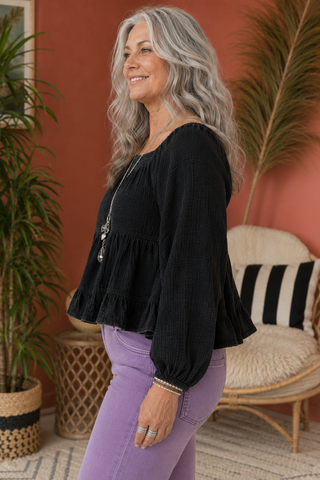 Mineral Wash Tiered Peplum Top with Smocking