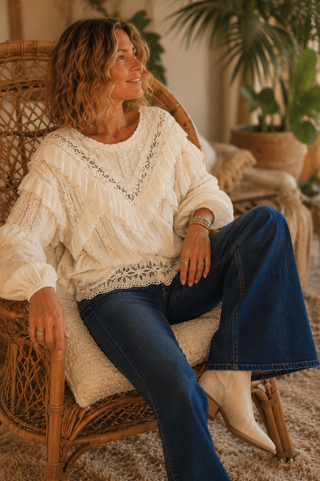Eyelet Lace Ruffle Top – Romantic Knit Blouse with Raw Edge Details