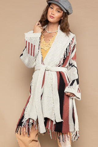 Fringed Tribal Striping Sweater Cardi w/ Belt