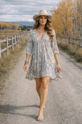 Muted Floral V-Neck Mini Dress
