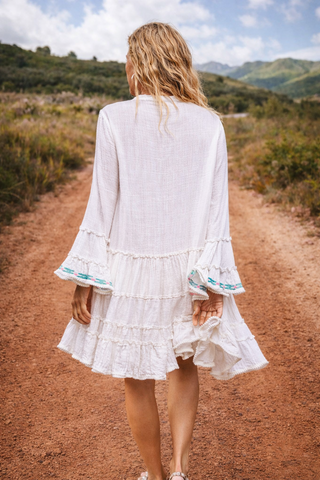 Embroidered Gauze V-Neck Dress - Boho Ruffle Button Down Mini Dress for Women