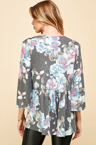 Ruffled Floral Empire Waist Top with Slit 3/4 Sleeves