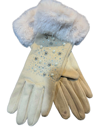 Embellished Sherpa-Lined Texting Glove with Fur Cuff