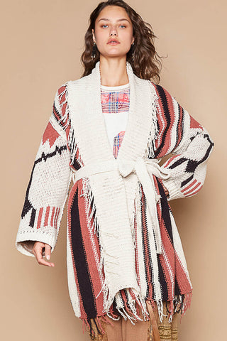 Fringed Tribal Striping Sweater Cardi w/ Belt