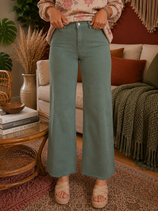 Wild Sage Mineral Wash Cropped Jeans — High Rise Denim Crops with Frayed Hem