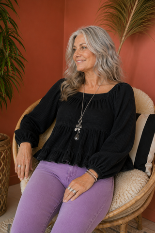 Mineral Wash Tiered Peplum Top with Smocking