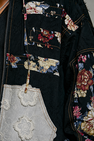 Vintage Wash Denim Floral Patchwork Jacket - Oversized Zip-Up Hoodie