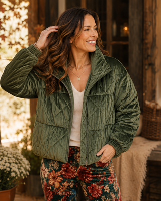 Diamond Quilted Velour Puffer Jacket - Olive