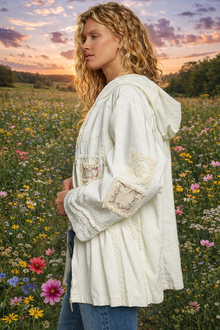 Vintage Wash Denim Tiered Patchwork Hoodie Jacket with Embroidery Detail