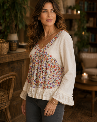 Floral Lace Patch Babydoll Top – Open Back Ribbed Blouse