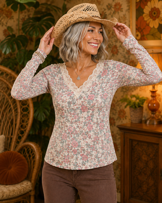 Long Sleeve V-Neck Rose Print Henley Top with Lace Trim